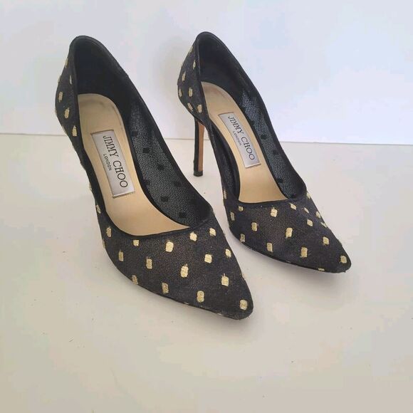 Jimmy Choo Pump size 37 7 3” Heels Luxury Shoes Black Gold Mesh Dressy Evening